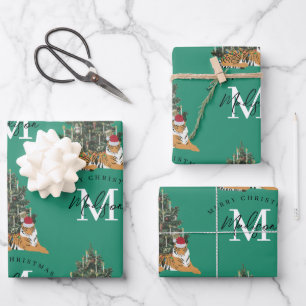 Custom Merry Christmas Monogram Tiger & Tree Green Wrapping Paper Sheet