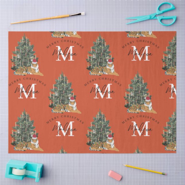 Custom Merry Christmas Monogram Tiger & Tree Red Tissue Paper (Craft)