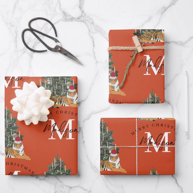 Custom Merry Christmas Monogram Tiger & Tree Red Wrapping Paper Sheet (Front)
