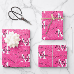 Custom Merry Christmas Pink Glitter Monogram  Wrapping Paper Sheet