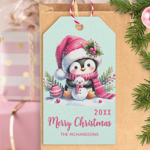 Custom Merry Christmas Pink Mint Green Fun Penguin Gift Tags
