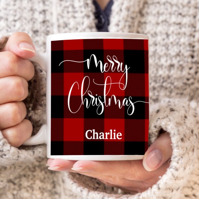 Custom, Merry Christmas, Red and Black Plaid Coffee Mug (Creator Uploaded)
