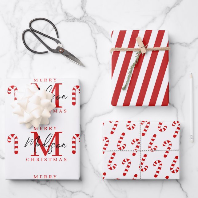 Custom Merry Christmas Red Candy Cane Monogram Wrapping Paper Sheet (Front)