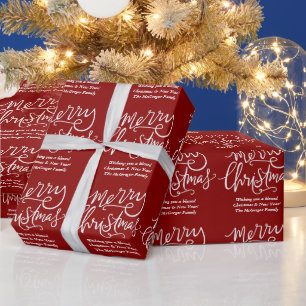 Custom Merry Christmas Red & White Family Name Wrapping Paper