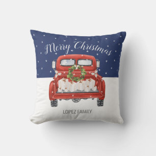 Custom Merry Christmas Vintage Red Truck Blue Cushion