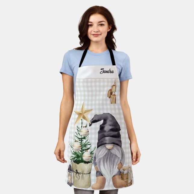 Custom Merry Christmas Watercolor Gnome Plaid Apron (Worn)