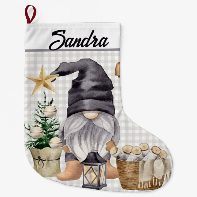 Custom Merry Christmas Watercolor Gnome Plaid Large Christmas Stocking (Front)