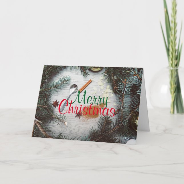 Custom MERRY CHRISTMAS WITH TREE BRANCH ORNAMENTS Holiday Card (Front)