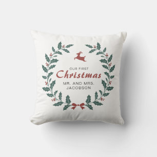 Custom Merry Christmas Wreath Deer holly berry Cushion