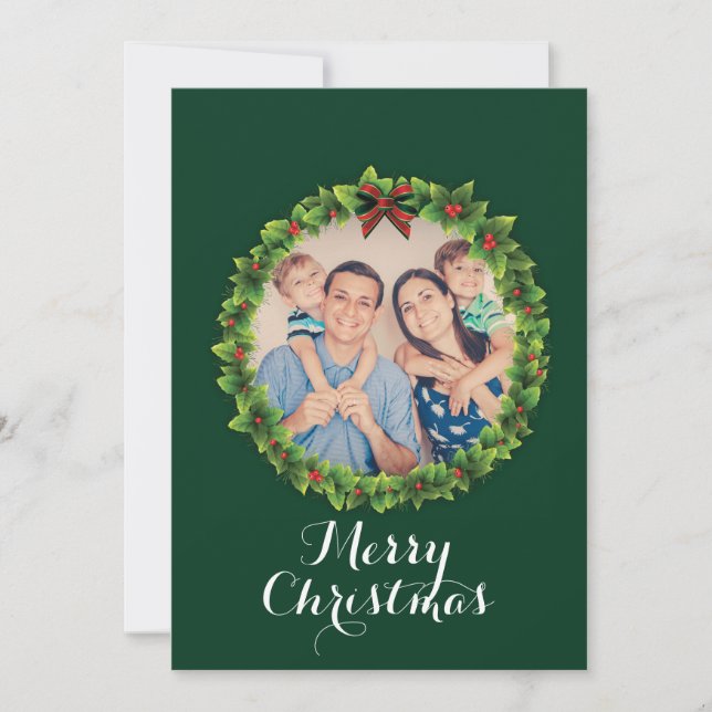 Custom Merry Christmas Wreath Family Photo Holiday Card (Front)