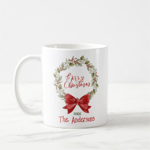 Custom Merry Christmas Wreath Red Bow Mug