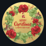 Custom MERRY CHRISTMAS Wreath Red Green GOLD Classic Round Sticker<br><div class="desc">Add these personalised black red green gold Christmas holiday and happy new year stickers to your greeting cards,  envelopes or gifts.  Christmas wreath with bows,  pine cones,  ornaments. Editable text - colour,  font and size.</div>
