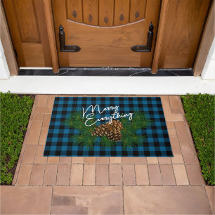 Custom Merry Everything Blue Black Checks Cabin Doormat