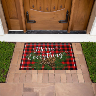Custom Merry Everything Red Black Checks Cabin Doormat