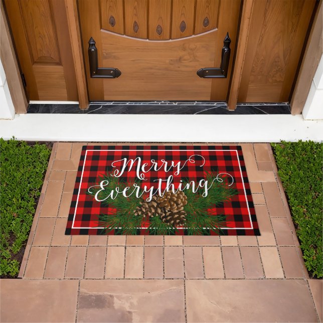 Custom Merry Everything Red Black Checks Cabin Doormat (Outdoor)