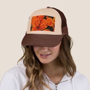Custom Mesh Back-Cap Orange Rose Printed Brown  Trucker Hat
