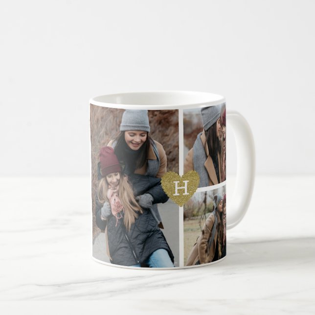 Custom Message 3 Photo Collage Gold Heart Monogram Coffee Mug (Front Right)
