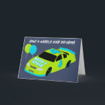 Custom Message Boys 4th Birthday Card<br><div class="desc">This boys 4th birthday card features an illustration of a stock car style race car with the number 4 on it and the slogan NEED 4 SPEED on the hood. The lime green and bright blue car is accompanied by coordinating balloons and set against a navy blue background. The message...</div>
