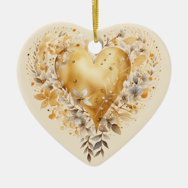 Custom Message Golden Colourful Floral Heart Gift  Ceramic Ornament (Front)
