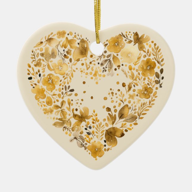 Custom Message Golden Colourful Floral Heart Gift  Ceramic Ornament (Front)