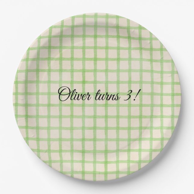 Custom message green gingham pattern  paper plate (Front)