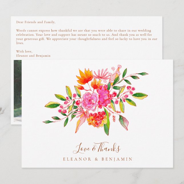 Custom Message Pink Floral Photo Wedding  Thank You Card (Front/Back)