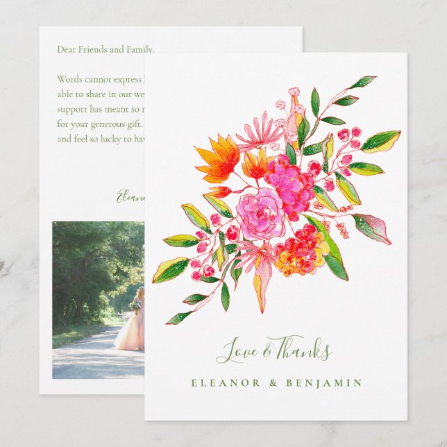 Custom Message Pink Green Floral Photo Wedding Thank You Card (Front/Back)