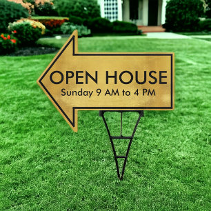 Custom Metallic Black + Gold Open House Arrow Yard Garden Sign