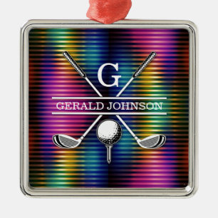 Custom Metallic Colourful Golf Monogram Design Metal Ornament