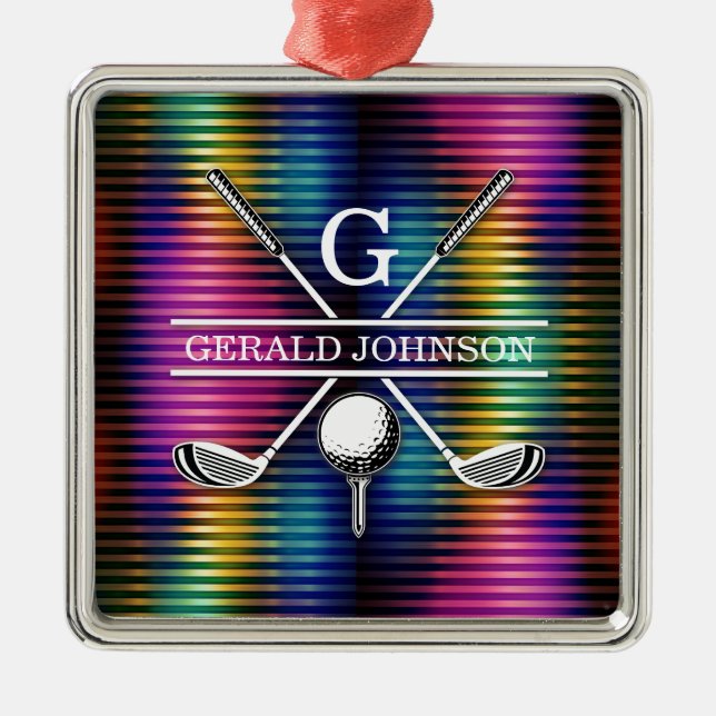 Custom Metallic Colourful Golf Monogram Design Metal Ornament (Front)