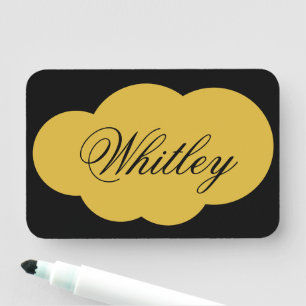Custom Metallic Gold Name Tag on Elegant Black Des