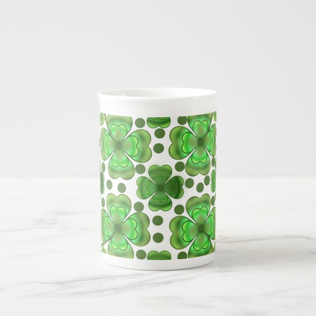 Custom Metallic Green Clover & Swirl Pattern  Bone China Mug (Front)