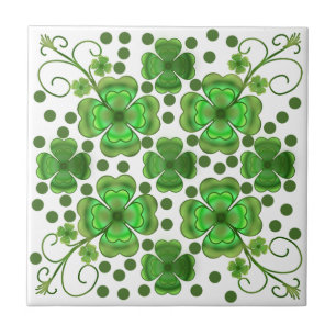 Custom Metallic Green Clover & Swirl Pattern  Ceramic Tile