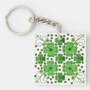 Custom Metallic Green Clover & Swirl Pattern Key Ring