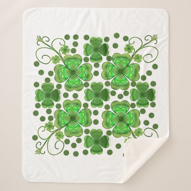 Custom Metallic Green Clover & Swirl Pattern  Sherpa Blanket (Front)