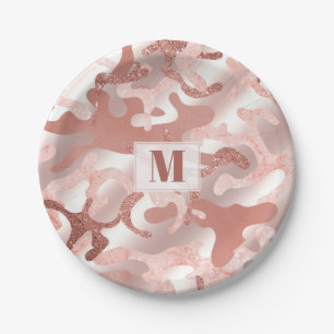 Custom Metallic Rose Gold Glitter Pink Marble Camo Paper Plate