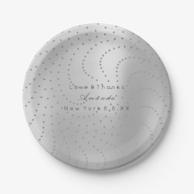 Custom Metallic Swarovski Crystal Grey Silver Dots Paper Plate (Front)