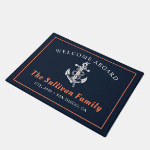 Custom Miami Coral Blue Nautical Welcome Aboard Doormat