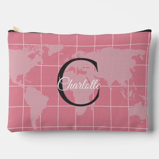 Custom Millennial Pink World Map Monogram Name Accessory Pouch (Front)