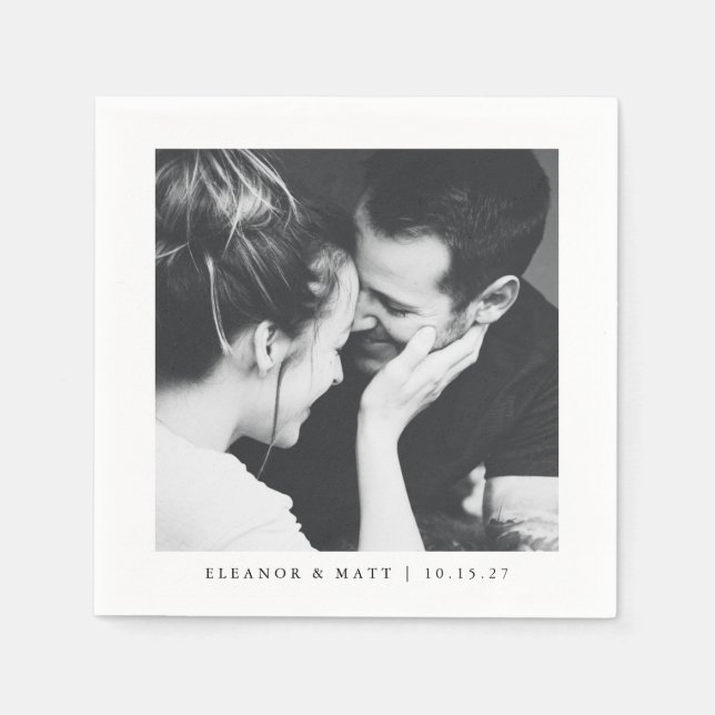 Custom Minimalist Black White Couple Photo Wedding Napkin (Front)