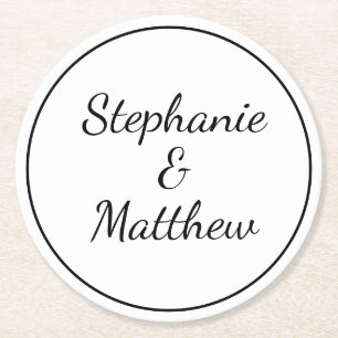 Custom Minimalist Black White Wedding Bride Groom  Round Paper Coaster