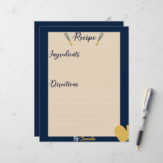 Custom Minimalist blue Culinary Recipe Sheet