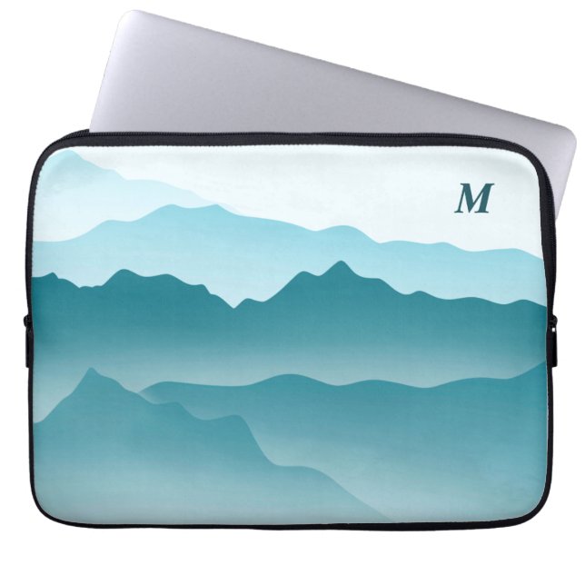 Custom Minimalist Blue Wavy Mountains Monogram  Laptop Sleeve (Front)