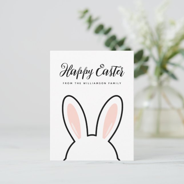 Custom Minimalist Cute Bunny Ears Happy Easter Postcard (Standing Front)