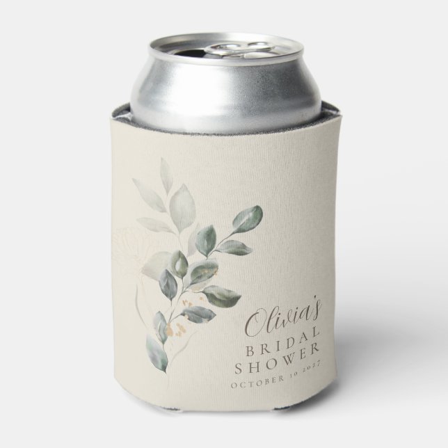 Custom Minimalist Gold Greenery Bridal Shower Can Cooler (Can Front)