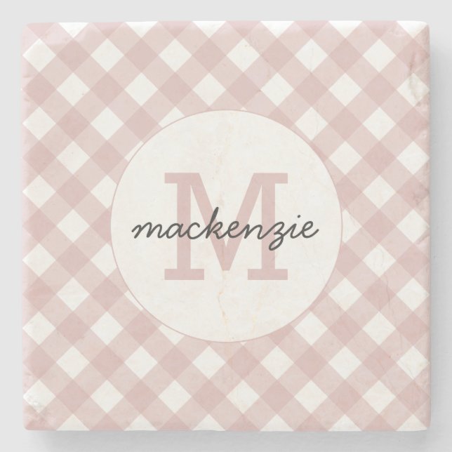 Custom Minimalist Muted Pink Shade Plaid Pattern Stone Coaster (Front)