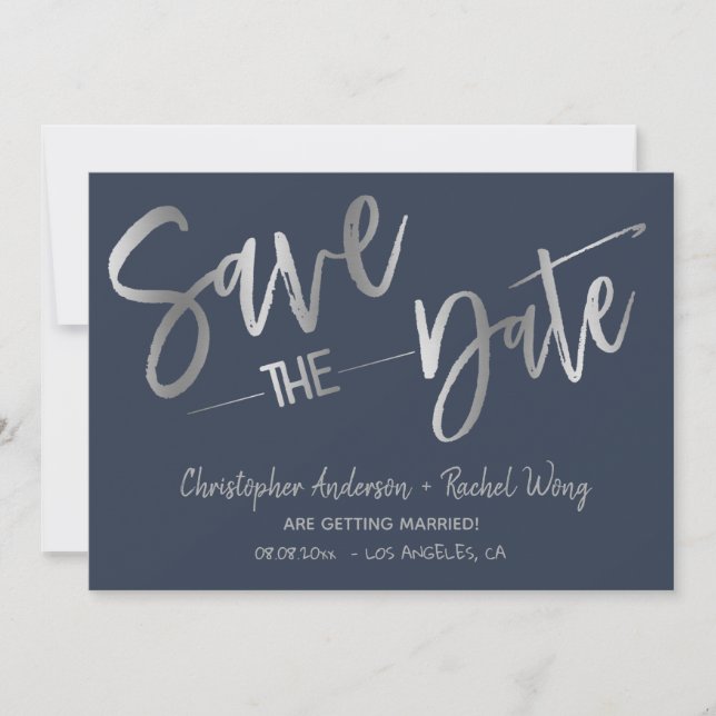 Custom Minimalist Navy Silver Foil Save the Date Invitation (Front)