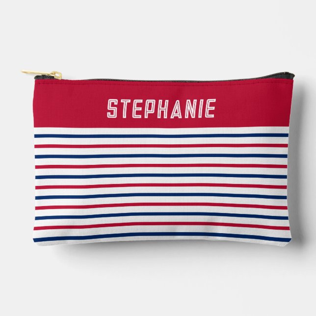 Custom Minimalist Red and Blue Stripes Modern Accessory Pouch (Front)