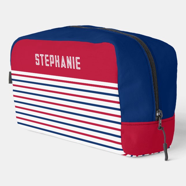 Custom Minimalist Red and Blue Stripes Modern Dopp Kit (Right Corner)