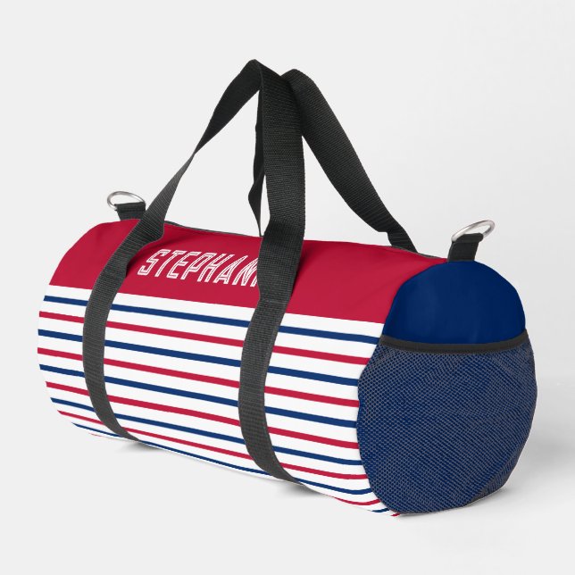 Custom Minimalist Red and Blue Stripes Modern Duffle Bag (Right Corner)